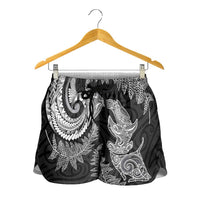 New Zealand Sea Animals with Maori Tribal Tattoo Shorts for Women Shark Manta Ray with Silver Fern Black LT03 - Polynesian Pride