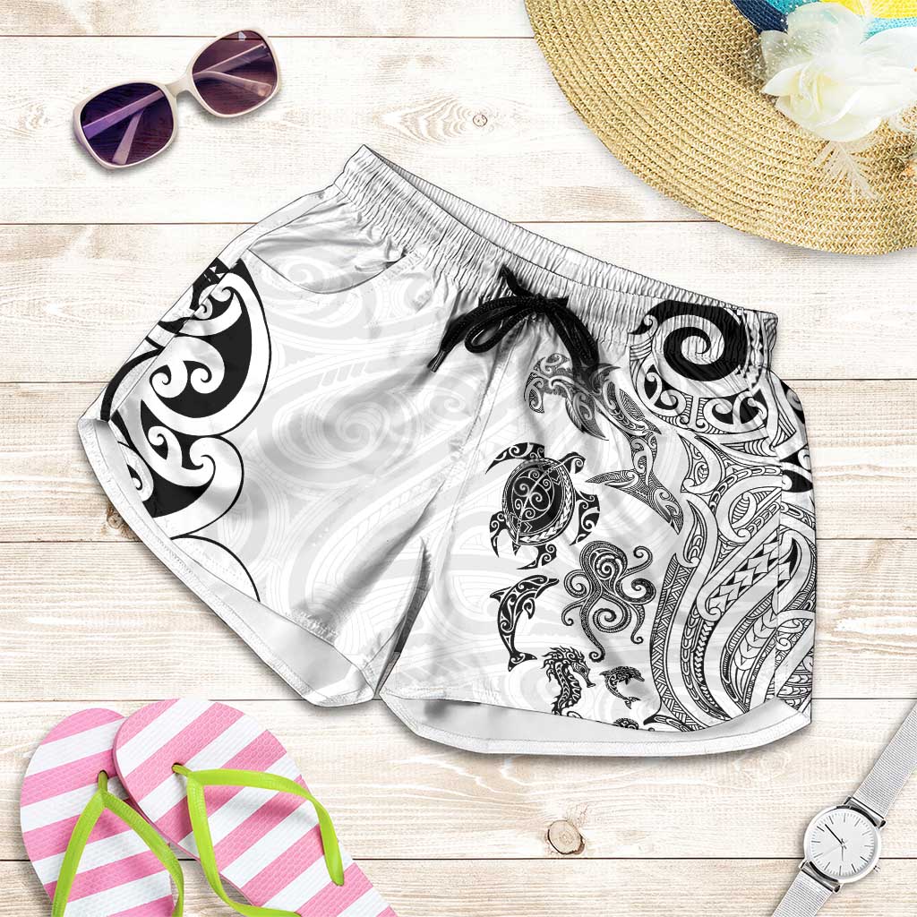 New Zealand Sea Animals with Maori Tribal Tattoo Shorts for Women White Color