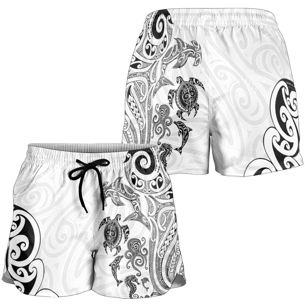 New Zealand Sea Animals with Maori Tribal Tattoo Shorts for Women White Color LT03 - Polynesian Pride
