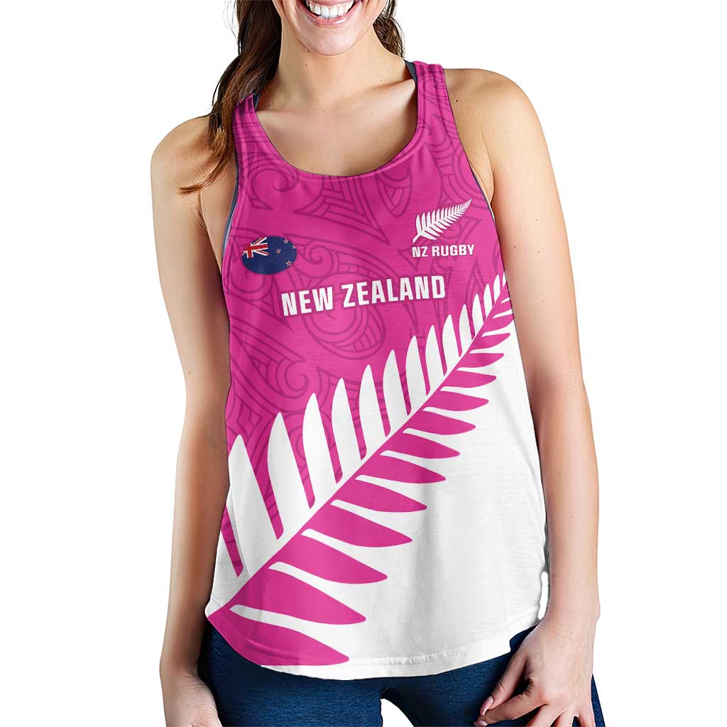 New Zealand Silver Fern Rugby Custom Women Racerback Tank Go All Black Maori Pink Version LT14 - Polynesian Pride