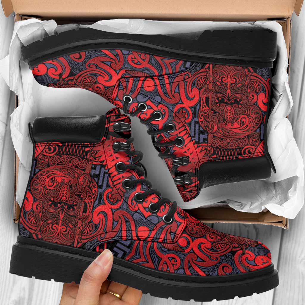 New Zealand Taiaha Maori All Season Boots Whero Minimalist Silver Fern Tukutuku Motif LT9 Red - Polynesian Pride