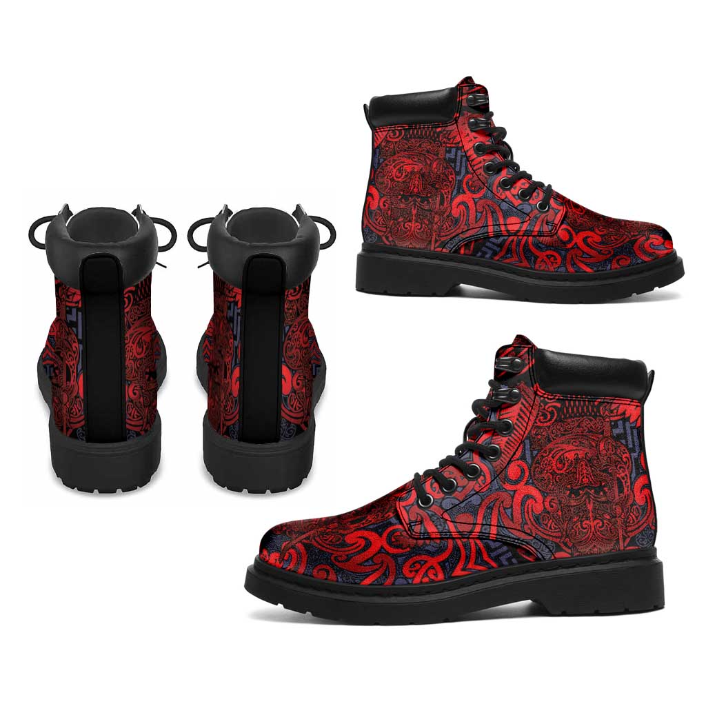 New Zealand Taiaha Maori All Season Boots Whero Minimalist Silver Fern Tukutuku Motif LT9 - Polynesian Pride