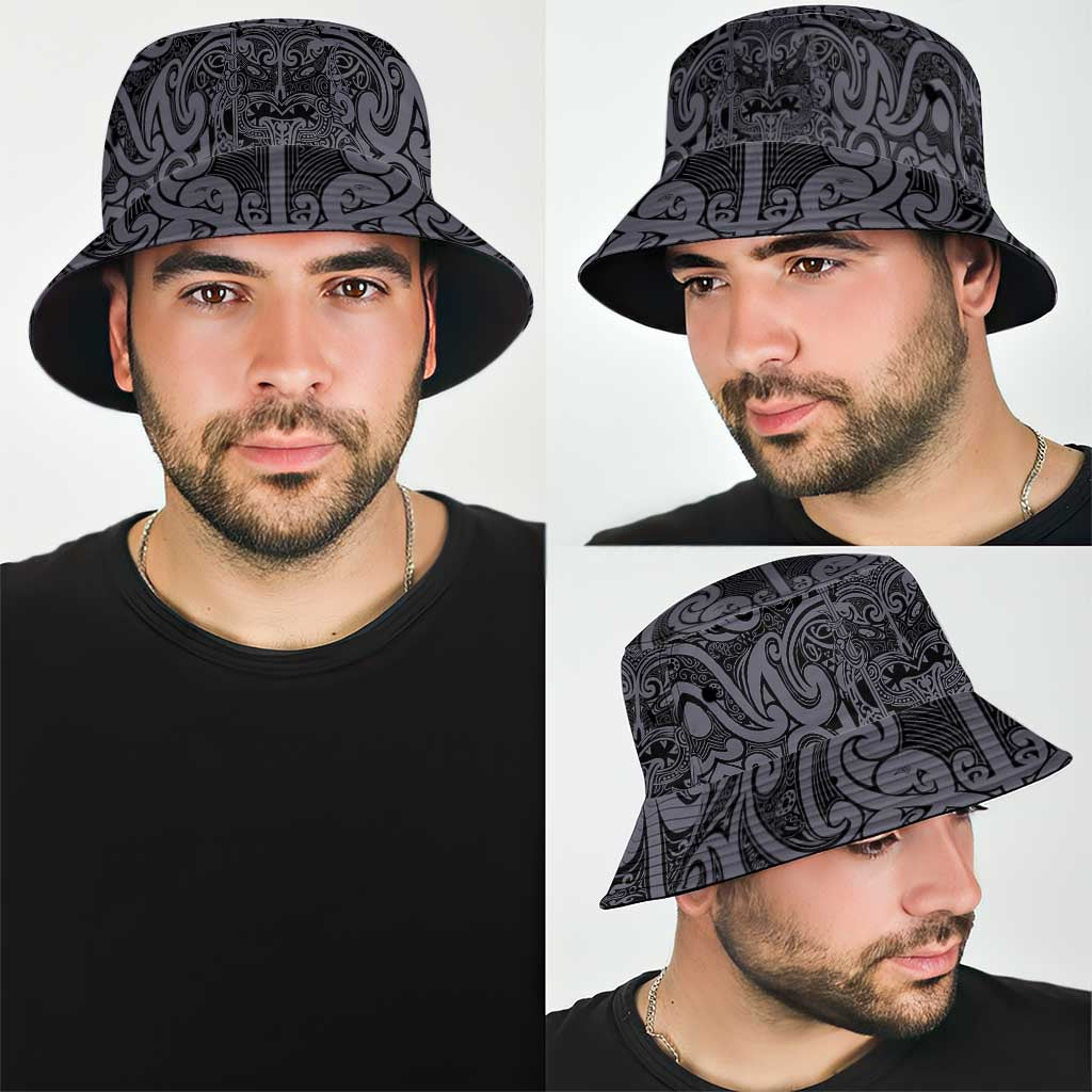 New Zealand Taiaha Maori Bucket Hat Minimalist Silver Fern All Black LT9