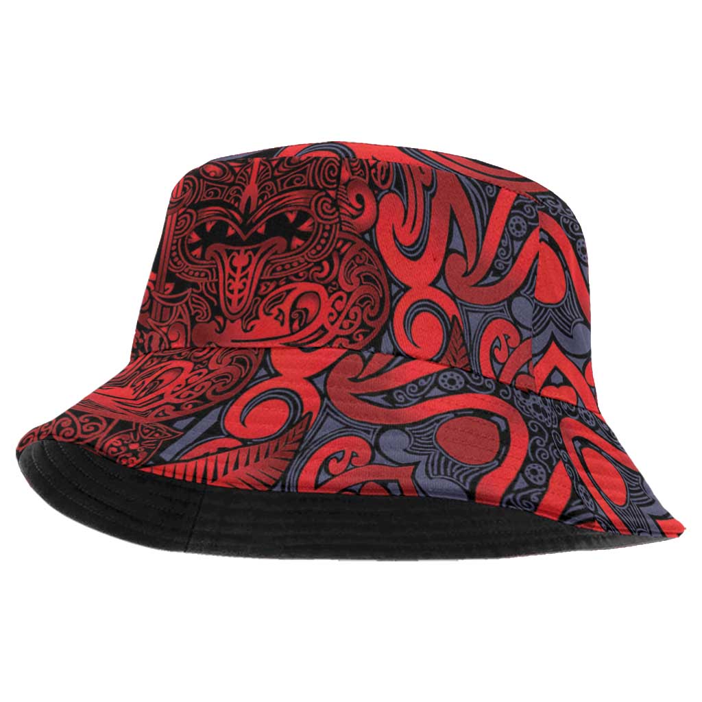 New Zealand Taiaha Maori Bucket Hat Whero Minimalist Silver Fern Tukutuku Motif LT9 One Size Red - Polynesian Pride