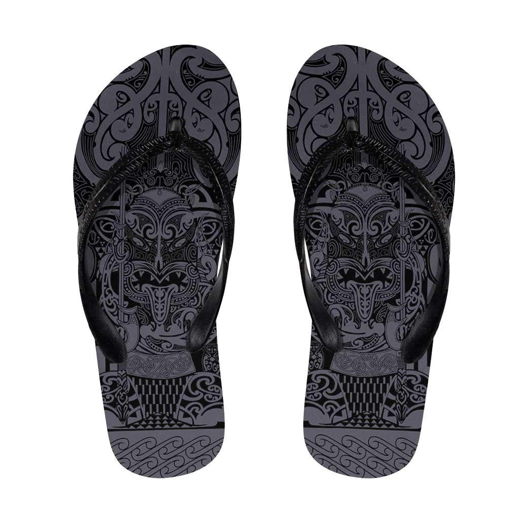 New Zealand Taiaha Maori Flip Flops Minimalist Silver Fern All Black - Polynesian Pride