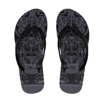 New Zealand Taiaha Maori Flip Flops Minimalist Silver Fern All Black LT9 Black - Polynesian Pride