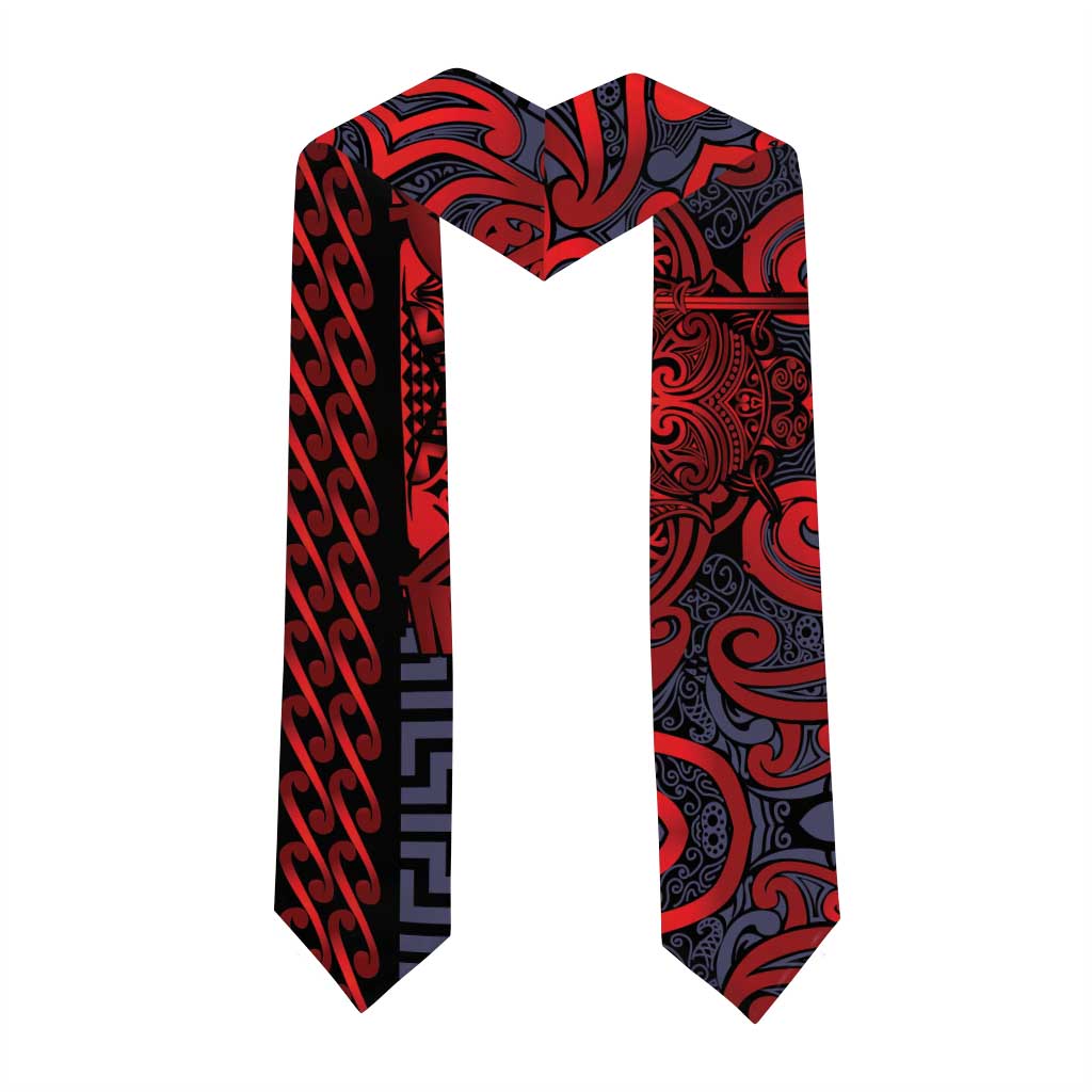 New Zealand Taiaha Maori Graduation Stole Whero Minimalist Silver Fern Tukutuku Motif LT9 - Polynesian Pride