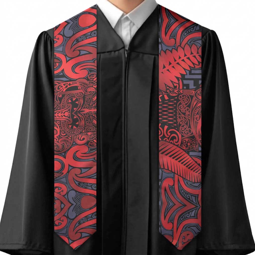 New Zealand Taiaha Maori Graduation Stole Whero Minimalist Silver Fern Tukutuku Motif LT9 - Polynesian Pride