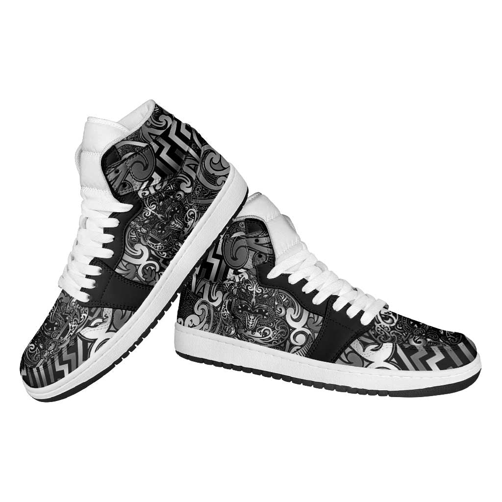 New Zealand Taiaha Maori High Sneakers AJ1 Kiwikiwi Minimalist Silver Fern Tukutuku Motif LT9 - Polynesian Pride