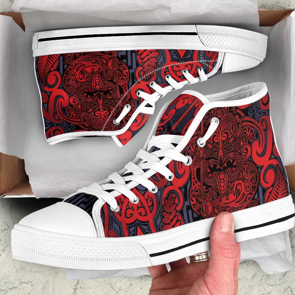 New Zealand Taiaha Maori High Top Shoes Whero Minimalist Silver Fern Tukutuku Motif LT9 Red - Polynesian Pride
