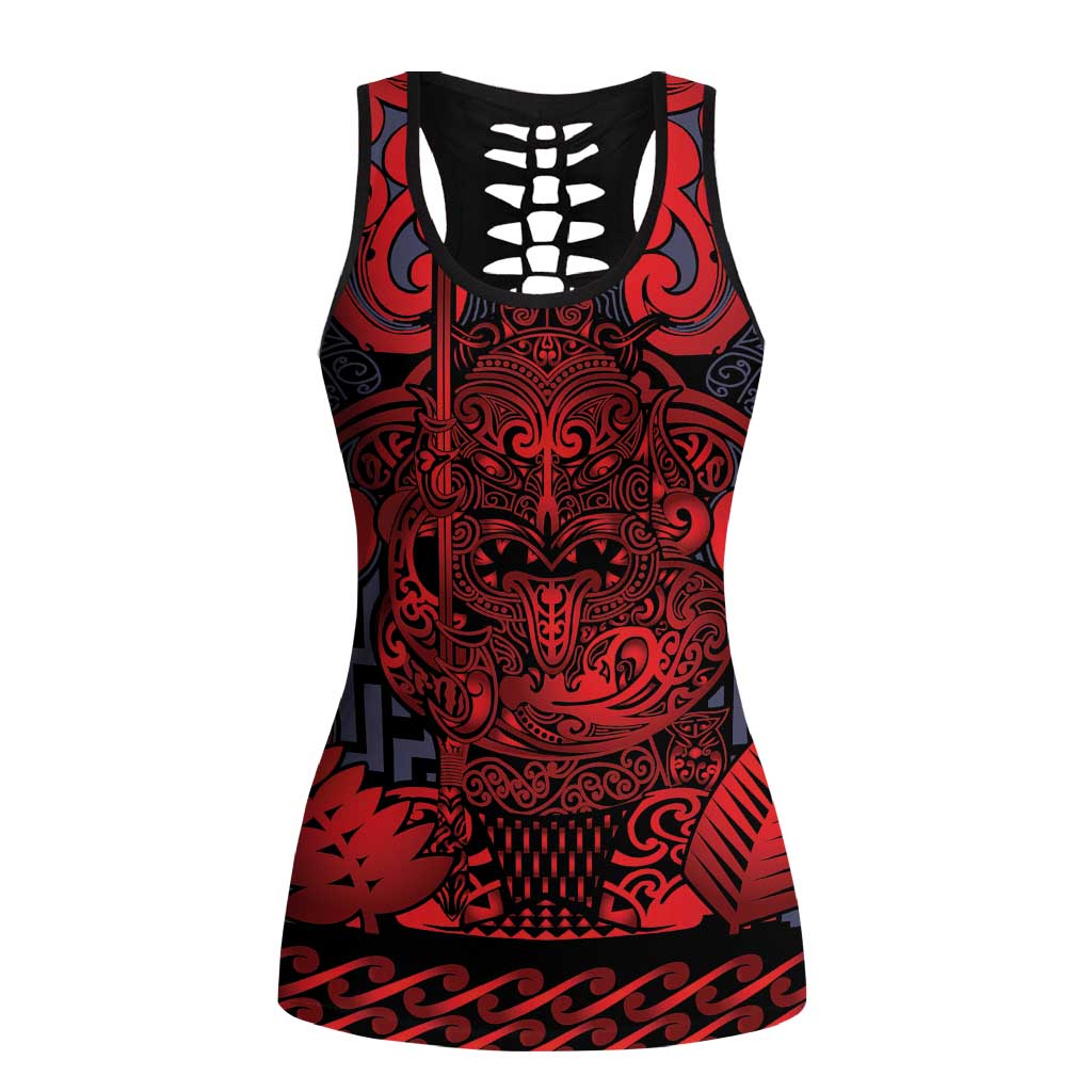 New Zealand Taiaha Maori Hollow Tank Top Whero Minimalist Silver Fern Tukutuku Motif LT9 Female Red - Polynesian Pride