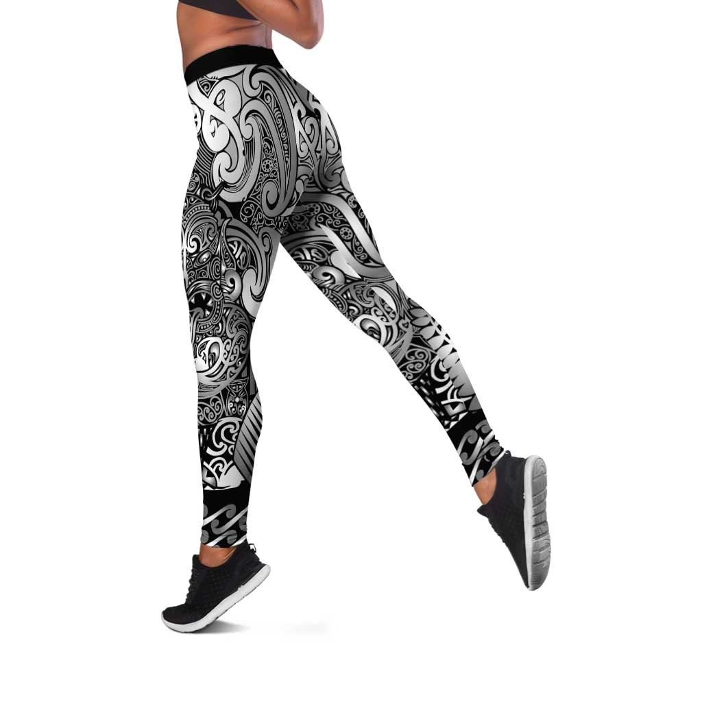 New Zealand Taiaha Maori Leggings Kiwikiwi Minimalist Silver Fern Tukutuku Motif