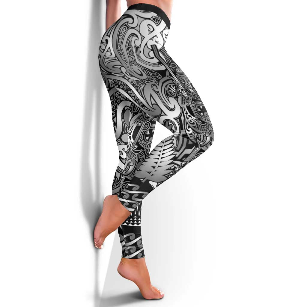 New Zealand Taiaha Maori Leggings Kiwikiwi Minimalist Silver Fern Tukutuku Motif LT9 - Polynesian Pride