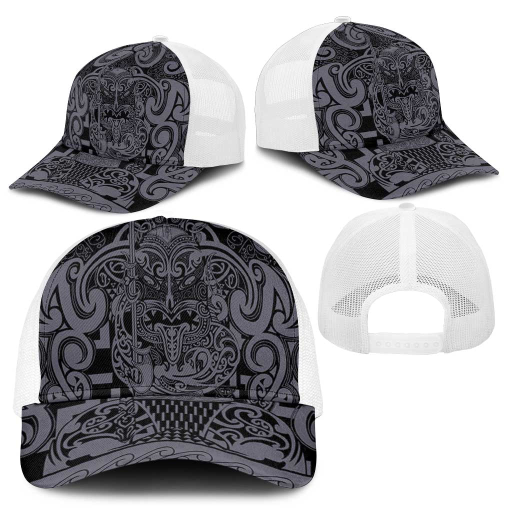 New Zealand Taiaha Maori Mesh Trucker Cap Minimalist Silver Fern All Black - Polynesian Pride
