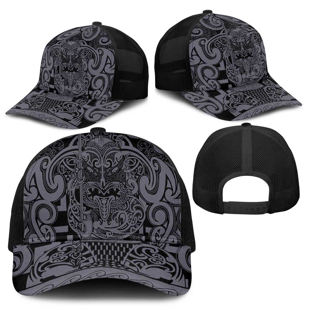 New Zealand Taiaha Maori Mesh Trucker Cap Minimalist Silver Fern All Black - Polynesian Pride