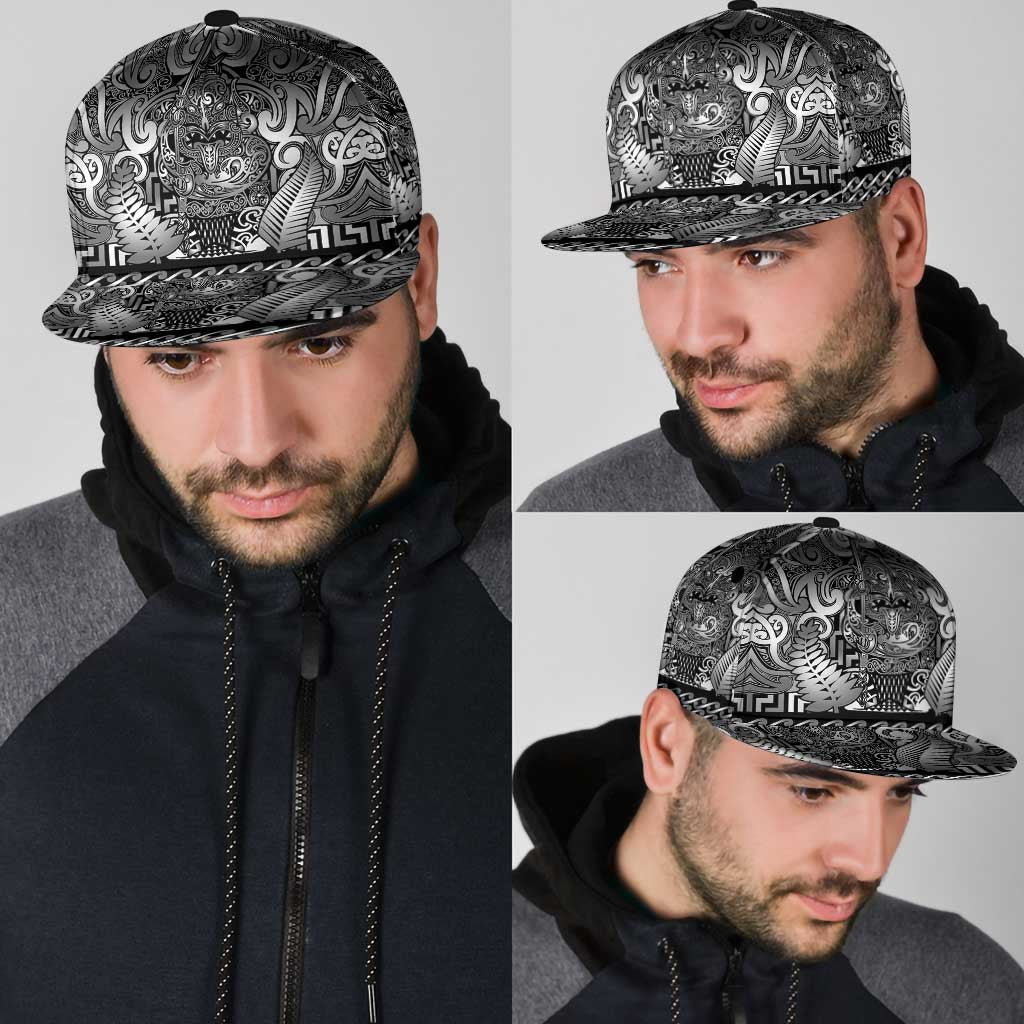 New Zealand Taiaha Maori Snapback Cap Kiwikiwi Minimalist Silver Fern Tukutuku Motif