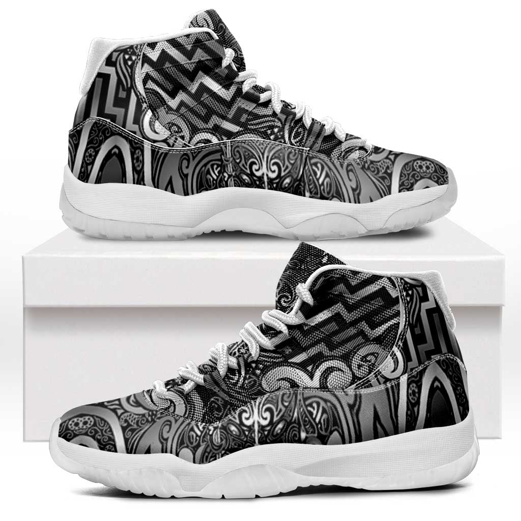 New Zealand Taiaha Maori Sneakers J11 Kiwikiwi Minimalist Silver Fern Tukutuku Motif LT9 White - Polynesian Pride