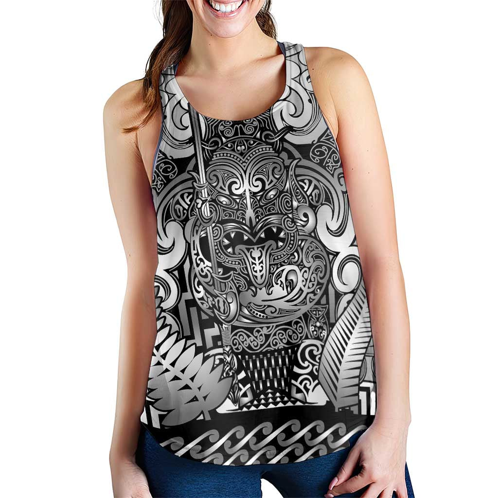 New Zealand Taiaha Maori Women Racerback Tank Kiwikiwi Minimalist Silver Fern Tukutuku Motif LT9 - Polynesian Pride