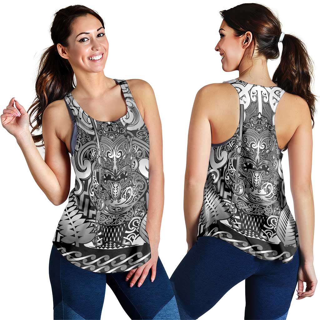 New Zealand Taiaha Maori Women Racerback Tank Kiwikiwi Minimalist Silver Fern Tukutuku Motif LT9 - Polynesian Pride