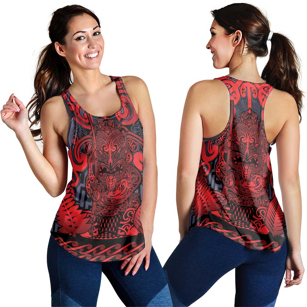 New Zealand Taiaha Maori Women Racerback Tank Whero Minimalist Silver Fern Tukutuku Motif LT9 - Polynesian Pride