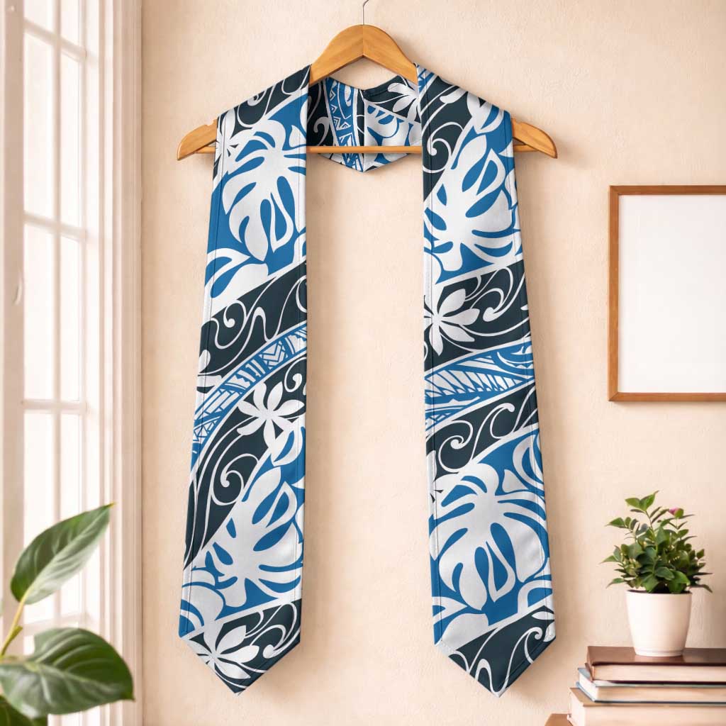 Ninamu Tahiti Tiare Monstera Graduation Stole Polynesian Pattern Curve Style LT01 One Size Blue - Polynesian Pride