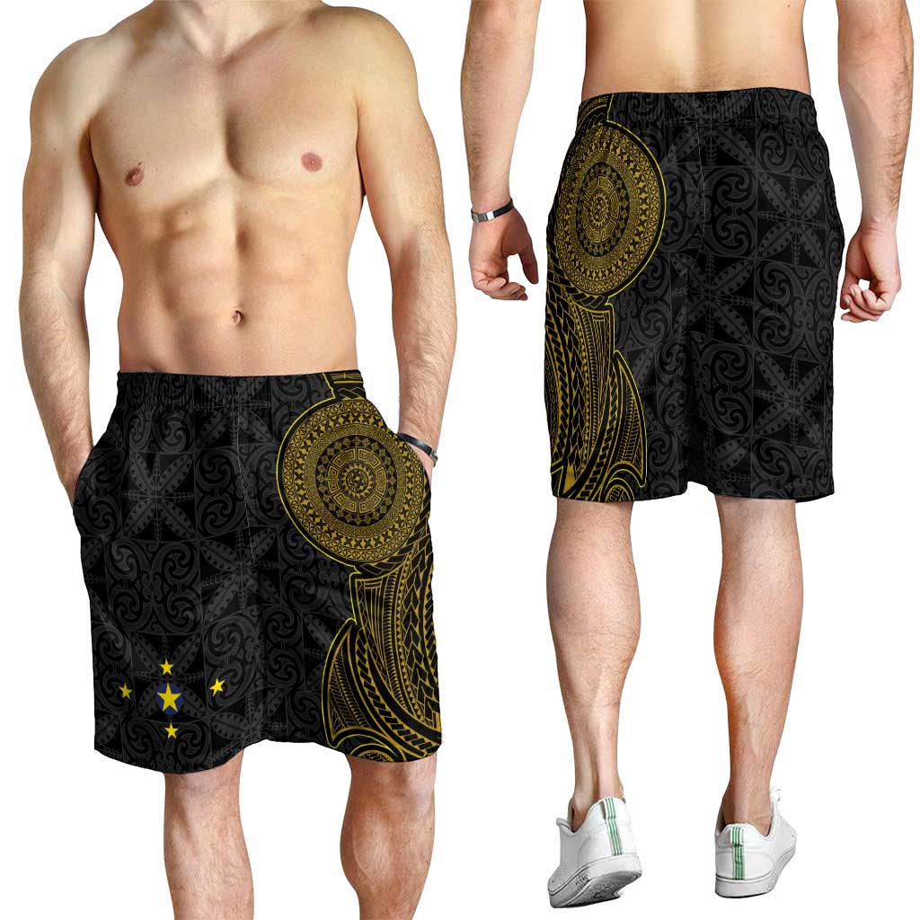 Niue Polynesian Hiapo Tattoo Art Shorts for Men Half Style Black Gold Color - Polynesian Pride