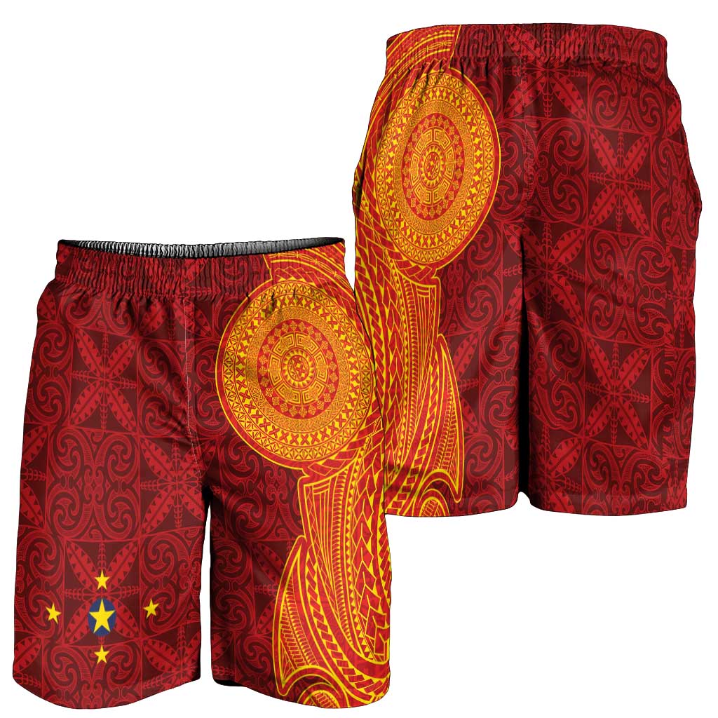 Niue Polynesian Hiapo Tattoo Art Shorts for Men Half Style Red Yellow Color - Polynesian Pride