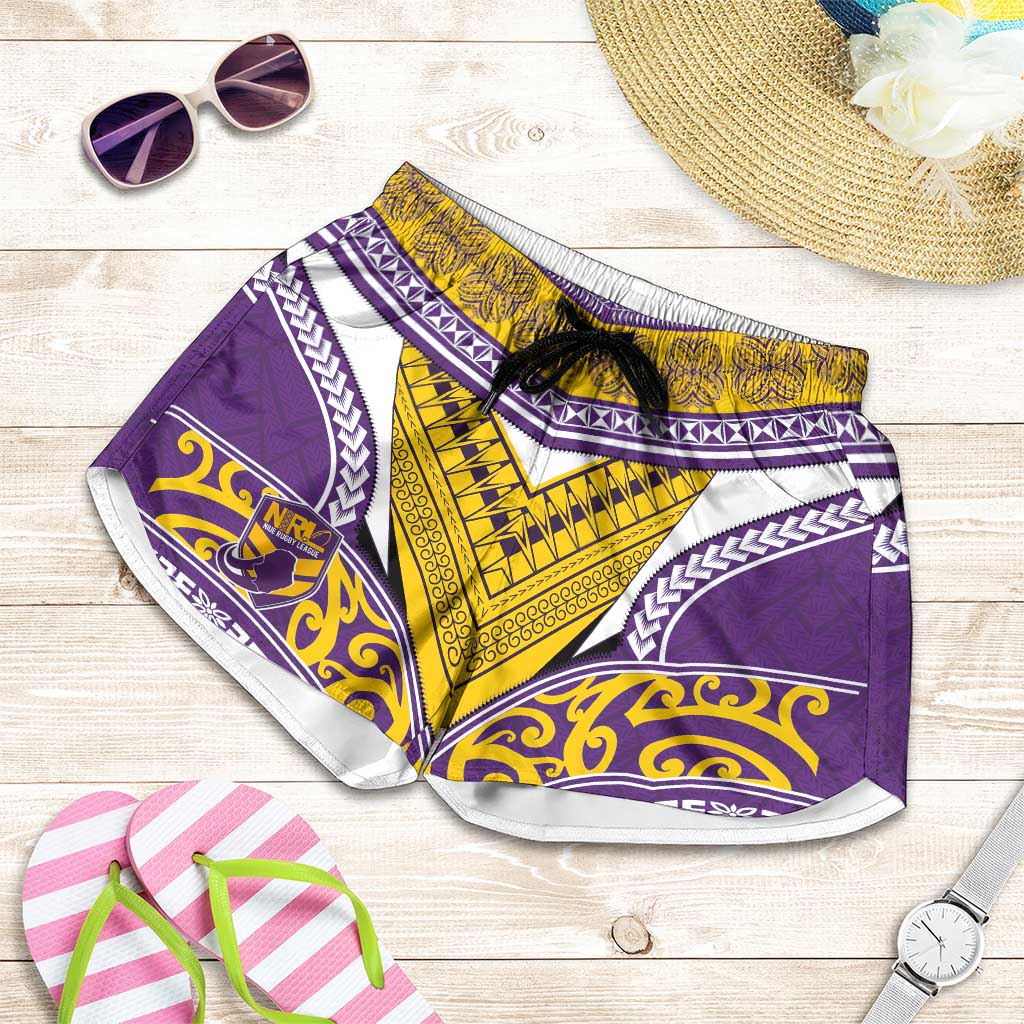 Niue Rugby Shorts for Women Hiapo Tribal Heritage Tattoos Purple Color - Polynesian Pride