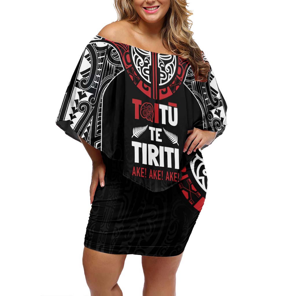 Aotearoa Maori Personalized Off Shoulder Short Dress Toitu Te Tiriti Ake! Ake! Ake! LT7