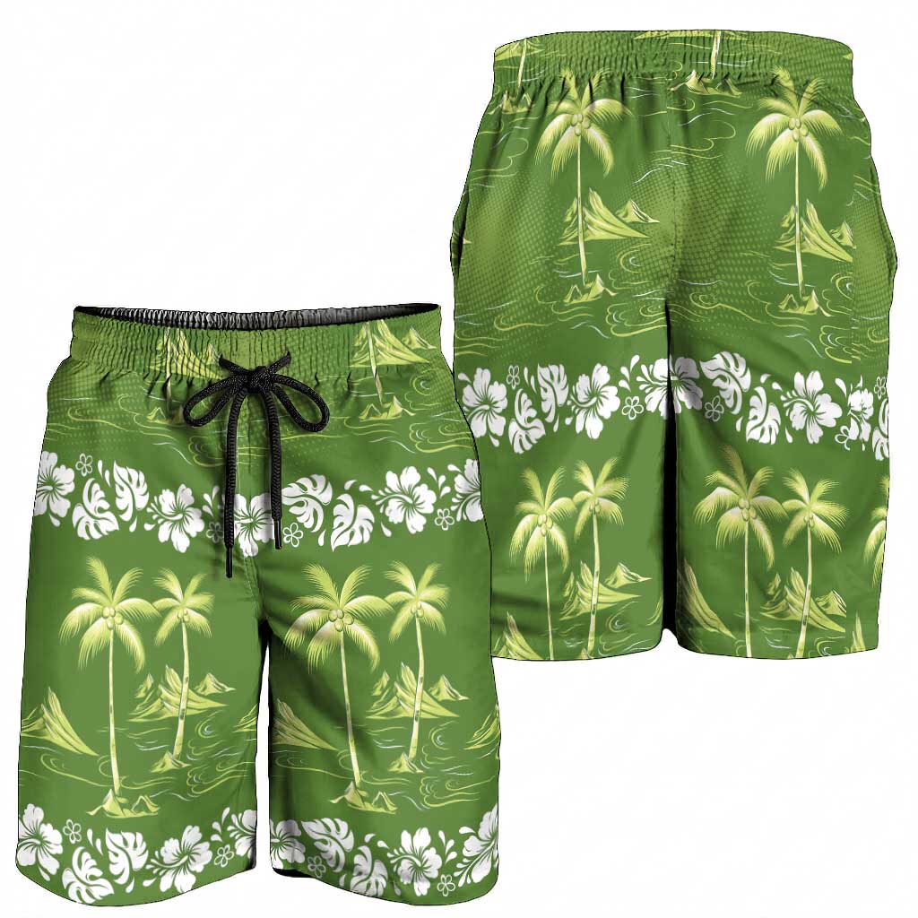Olive Green Hawaii Palm Tree Hibiscus Shorts for Men Fantasy Summer Vibe LT01 - Polynesian Pride
