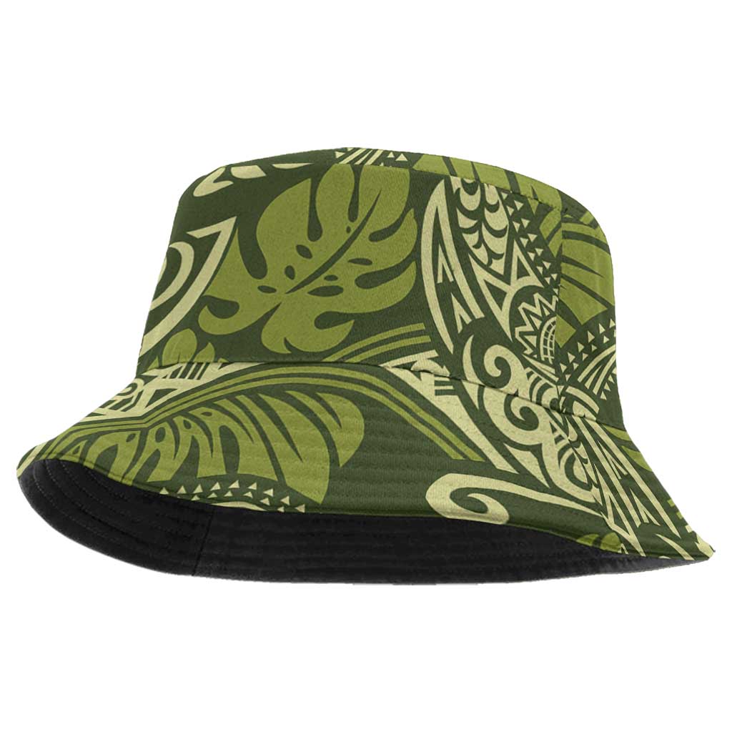 Olive Green Monstera Bucket Hat Polynesian Tribal Pattern - Polynesian Pride
