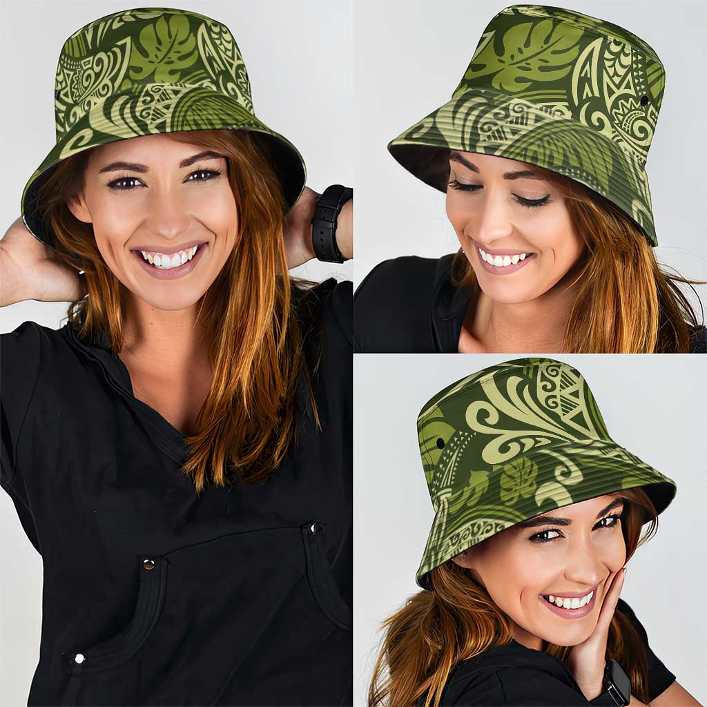 Olive Green Monstera Bucket Hat Polynesian Tribal Pattern - Polynesian Pride