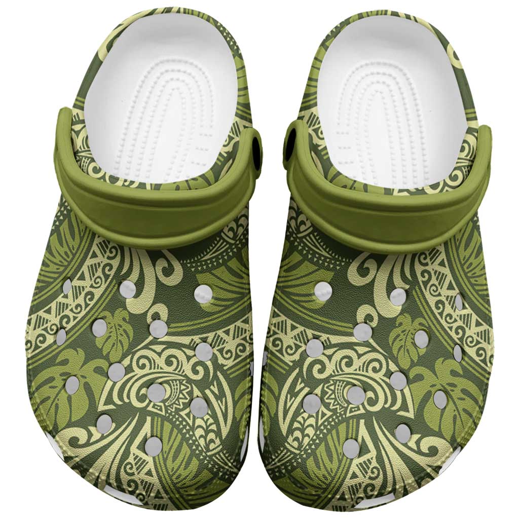 Olive Green Monstera Clogs Shoes Polynesian Tribal Pattern - Polynesian Pride