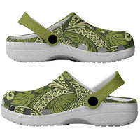 Olive Green Monstera Clogs Shoes Polynesian Tribal Pattern - Polynesian Pride