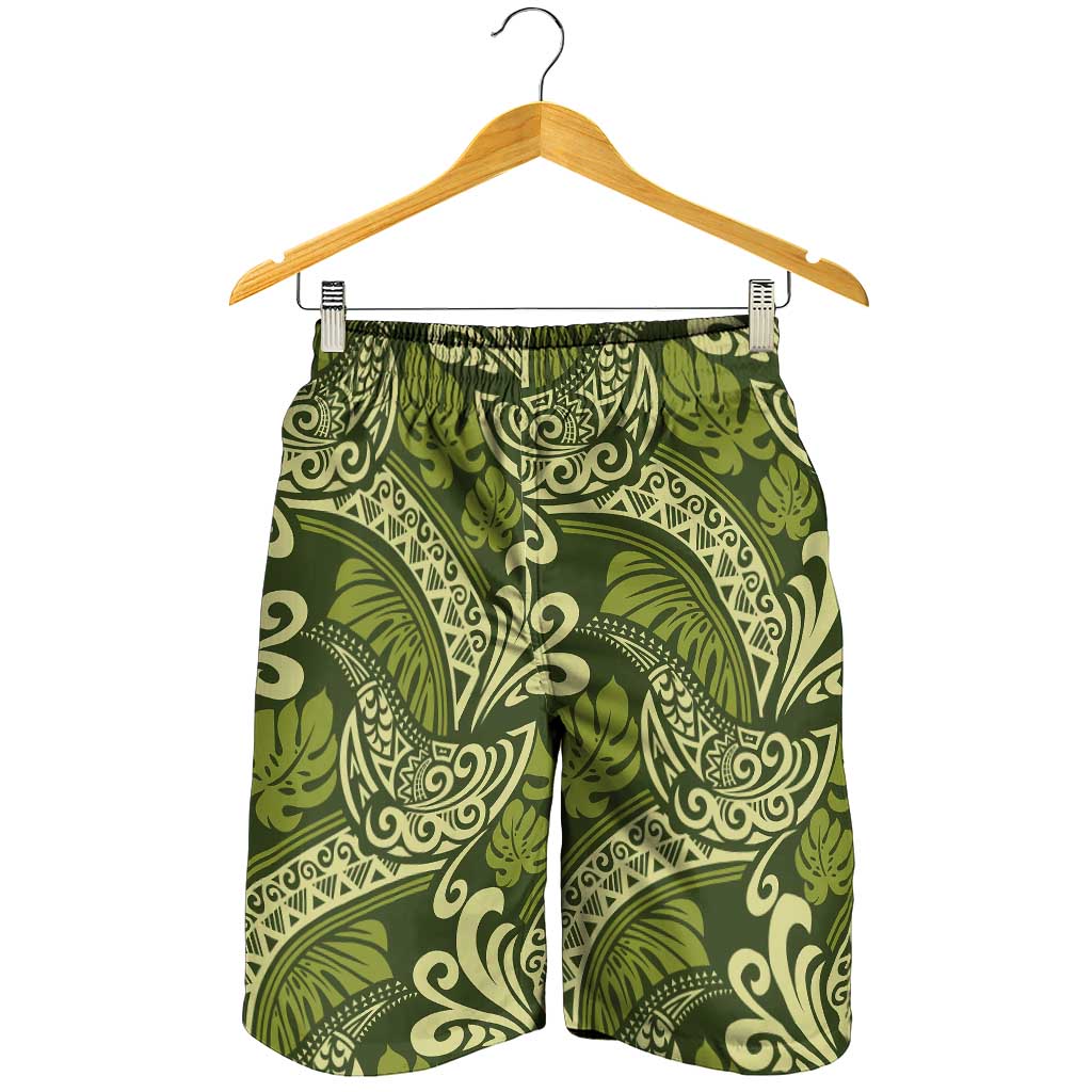 Olive Green Monstera Shorts for Men Polynesian Tribal Pattern - Polynesian Pride