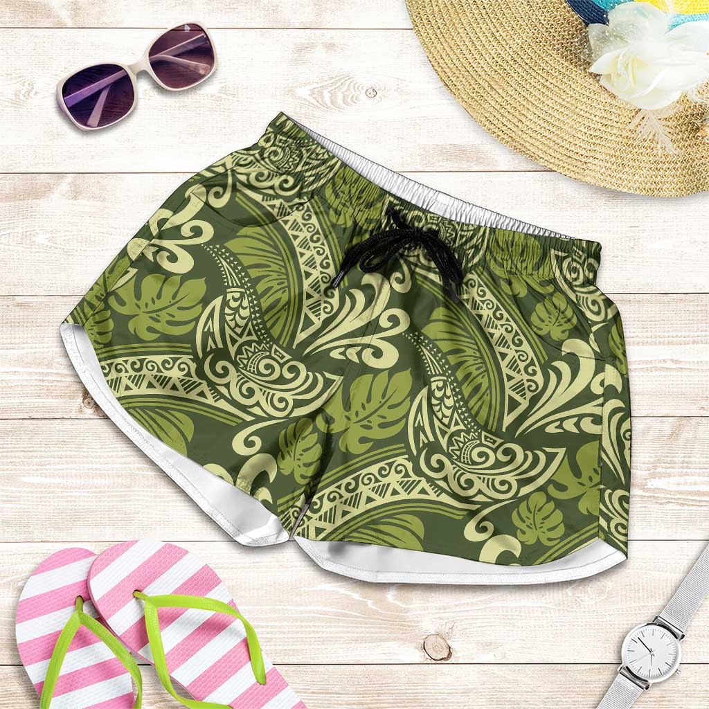 Olive Green Monstera Shorts for Women Polynesian Tribal Pattern - Polynesian Pride