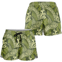 Olive Green Monstera Shorts for Women Polynesian Tribal Pattern - Polynesian Pride