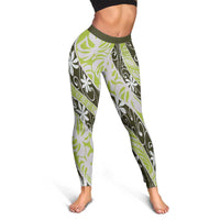 Olive Tahiti Tiare Monstera Leggings Polynesian Pattern Curve Style - Polynesian Pride