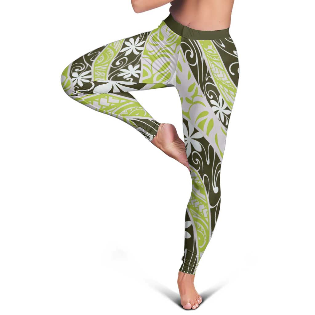 Olive Tahiti Tiare Monstera Leggings Polynesian Pattern Curve Style - Polynesian Pride