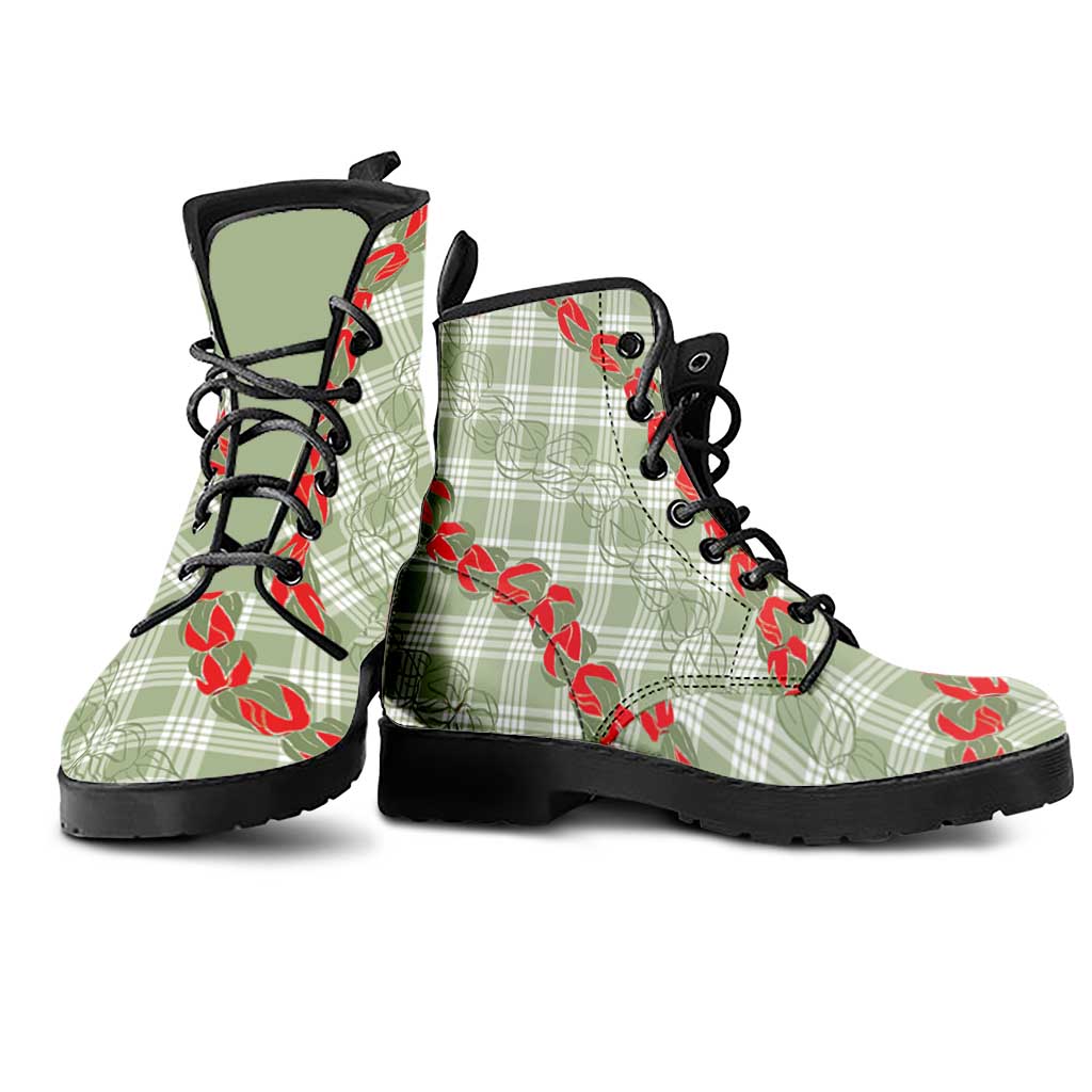 Omaomao Aloha Hawaii Leather Boots Rosebud Lei With Palaka Motif - Polynesian Pride