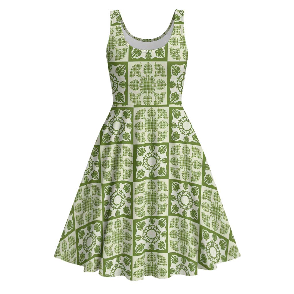Omaomao Palaka Quilt Hawaii Midi Dress Hawaiian Tropical Monstera Sea Turtle