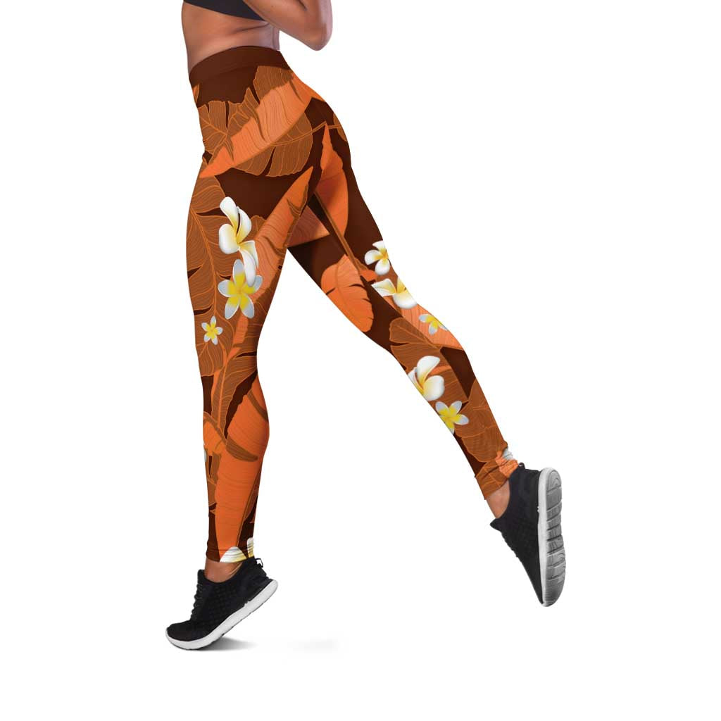 Orange Banana Leaf Hawaii Leggings Lau Maia Plumeria Tropical Summer Vibes LT14 Orange - Polynesian Pride