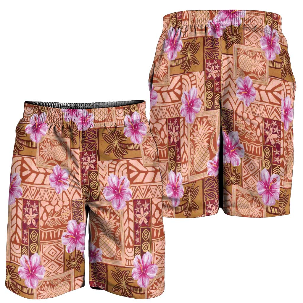 Orange Hawaii Hibiscus With Tropical Flowers Motifs Shorts for Men - Polynesian Pride