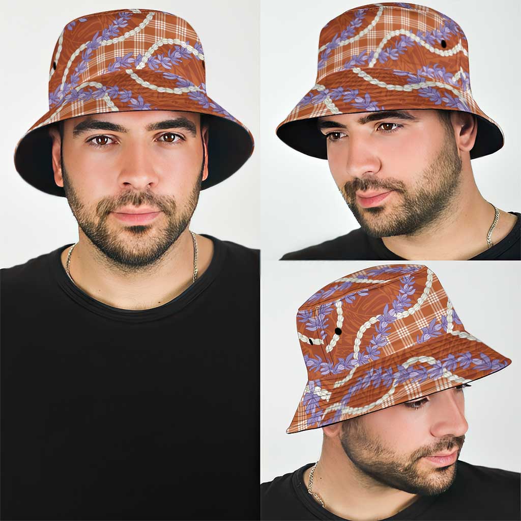 Orange Hawaii Palaka Honohono Pikake Bucket Hat Hawaiian Orchid Lei Polynesian Pattern - Polynesian Pride