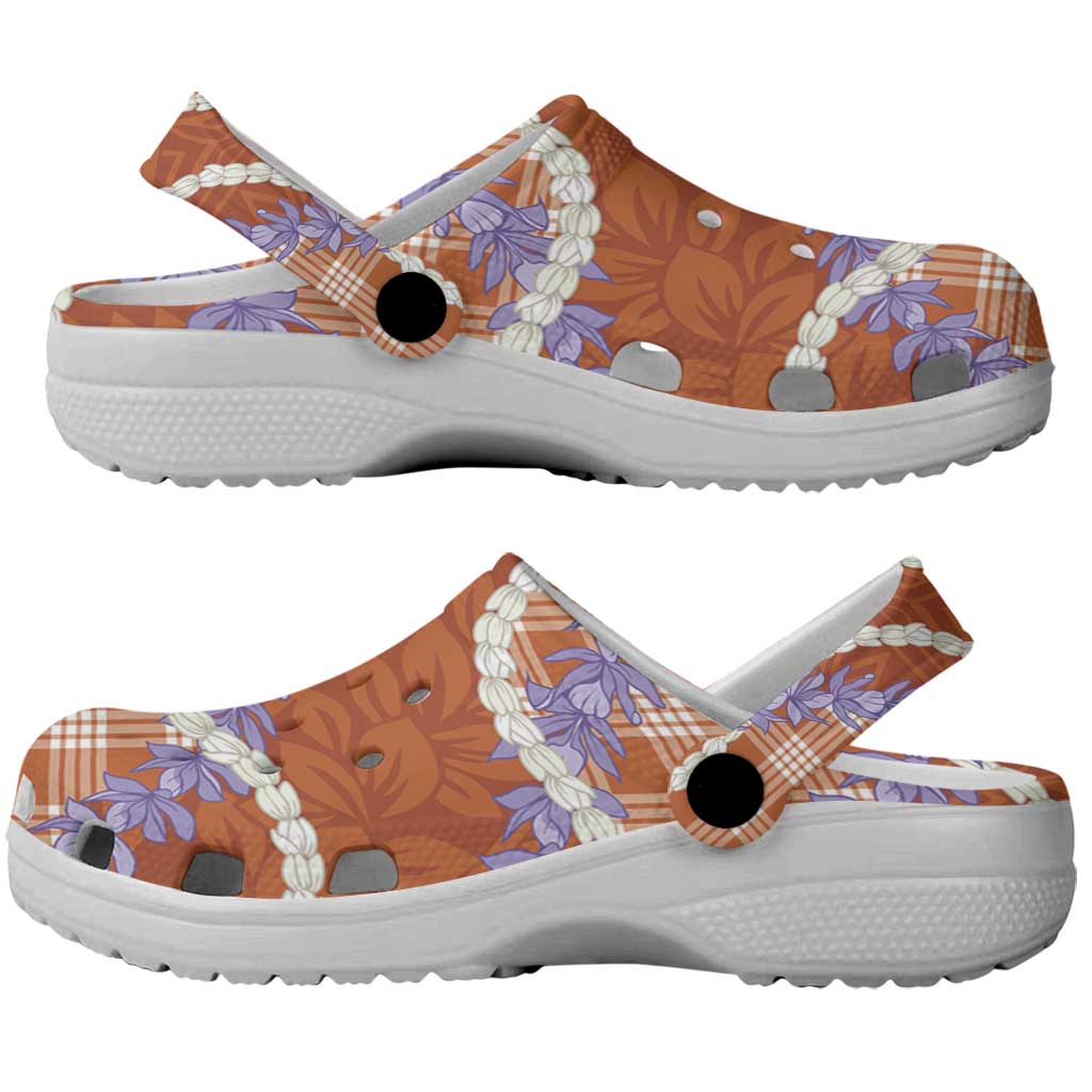 Orange Hawaii Palaka Honohono Pikake Clogs Shoes Hawaiian Orchid Lei Polynesian Pattern - Polynesian Pride