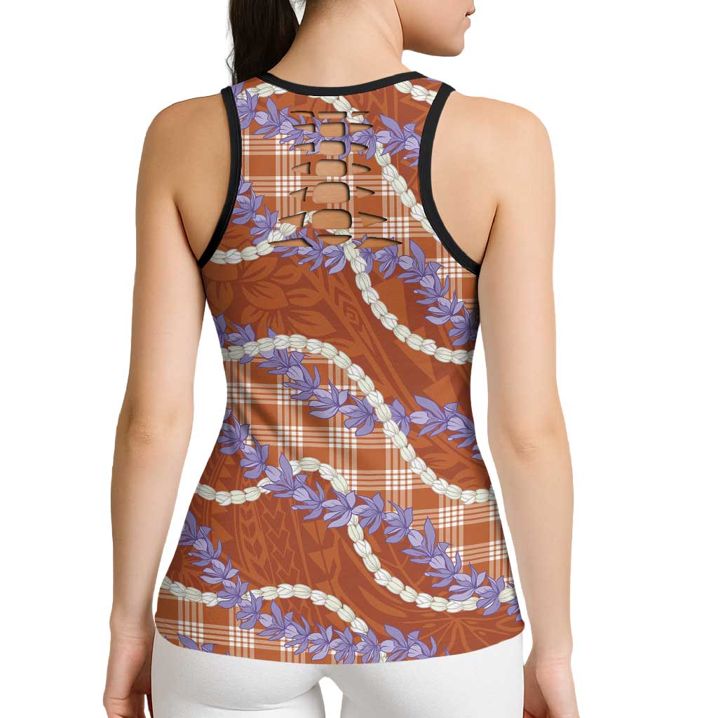 Orange Hawaii Palaka Honohono Pikake Hollow Tank Top Hawaiian Orchid Lei Polynesian Pattern - Polynesian Pride
