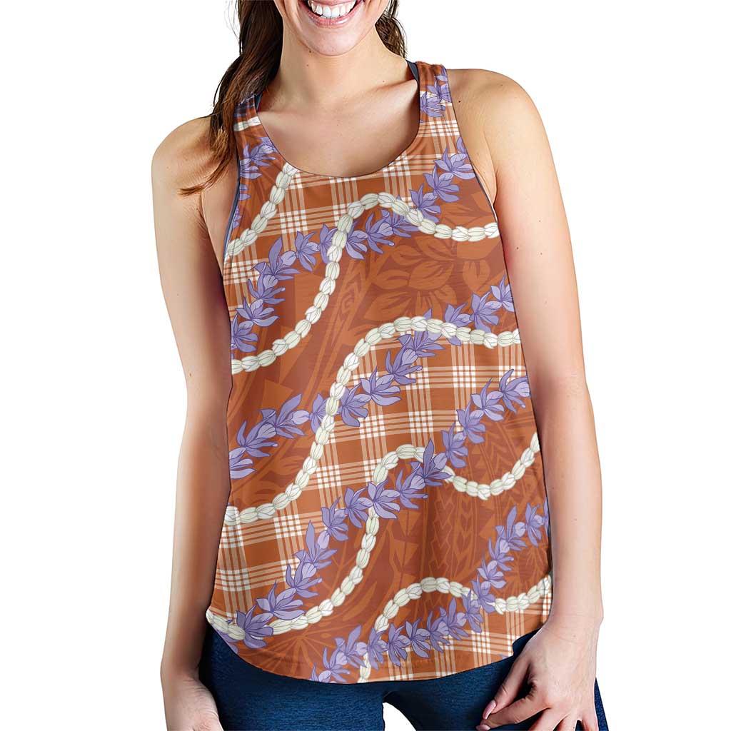 Orange Hawaii Palaka Honohono Pikake Women Racerback Tank Hawaiian Orchid Lei Polynesian Pattern - Polynesian Pride
