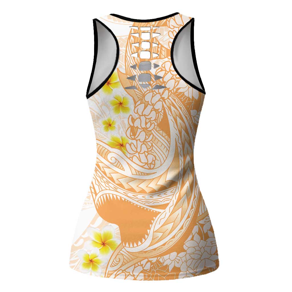 Orange Hawaii Shark Tattoo Hollow Tank Top Puakenikeni Lei Plumeria Polynesian Pattern