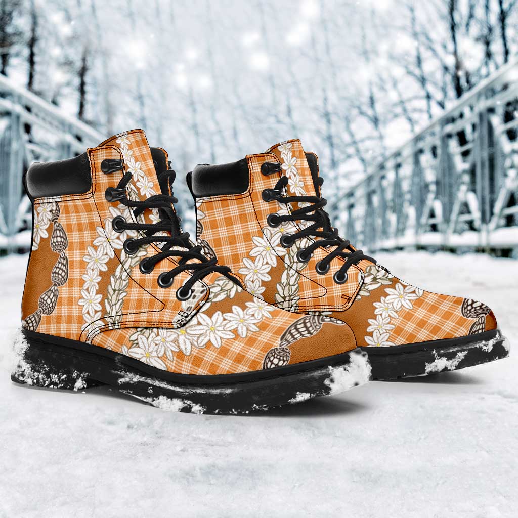 Orange Hawaii Tiare and Shell Lei All Season Boots Hawaiian Palaka Luxury Vibes - Polynesian Pride