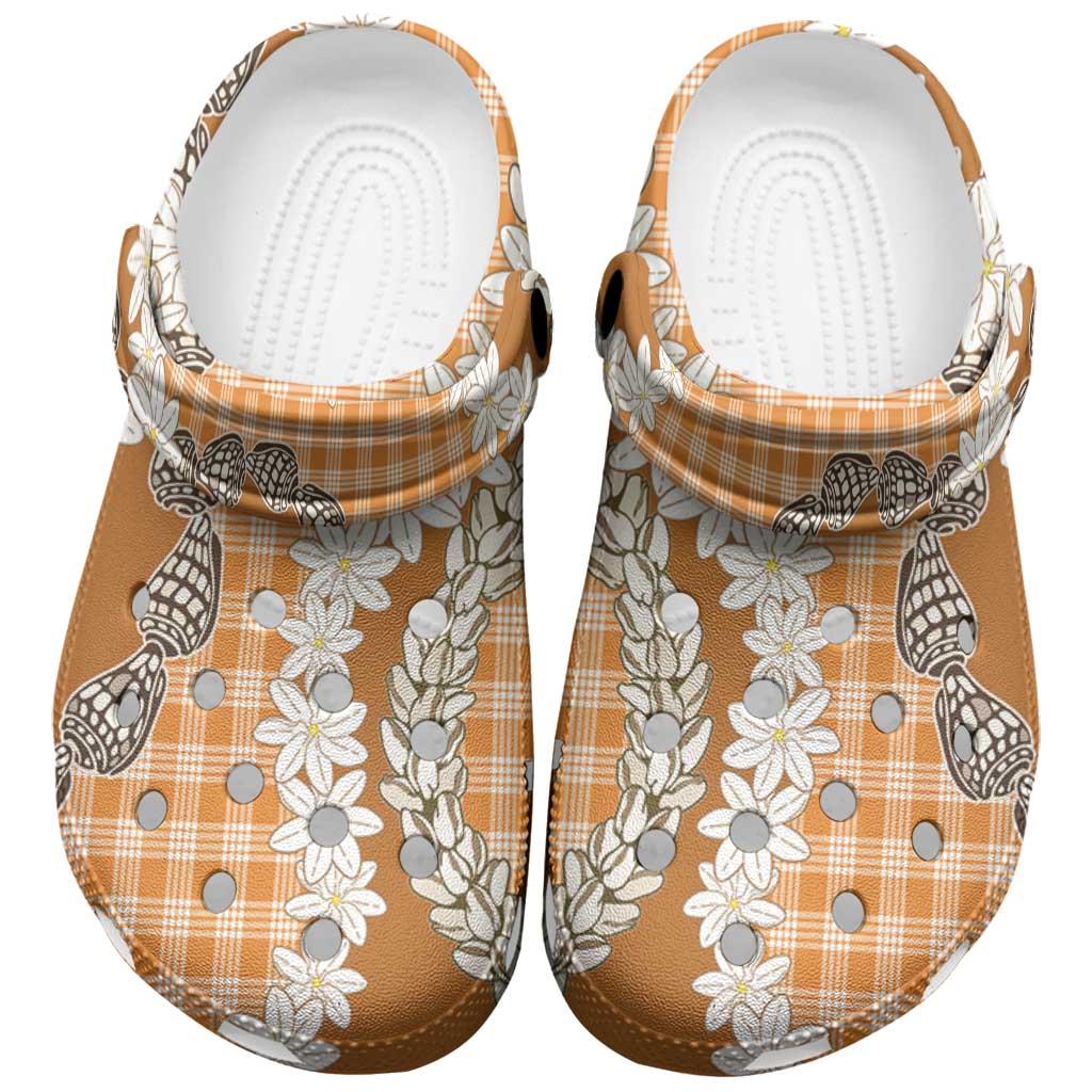 Orange Hawaii Tiare and Shell Lei Clogs Shoes Hawaiian Palaka Luxury Vibes - Polynesian Pride